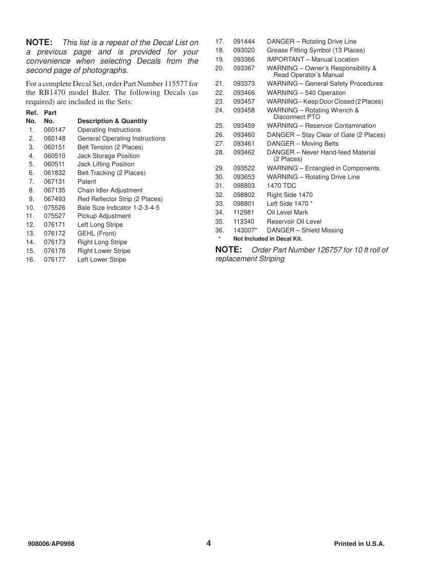 Gehl 1470 Variable Chamber Round Baler Parts Manual preview page 6