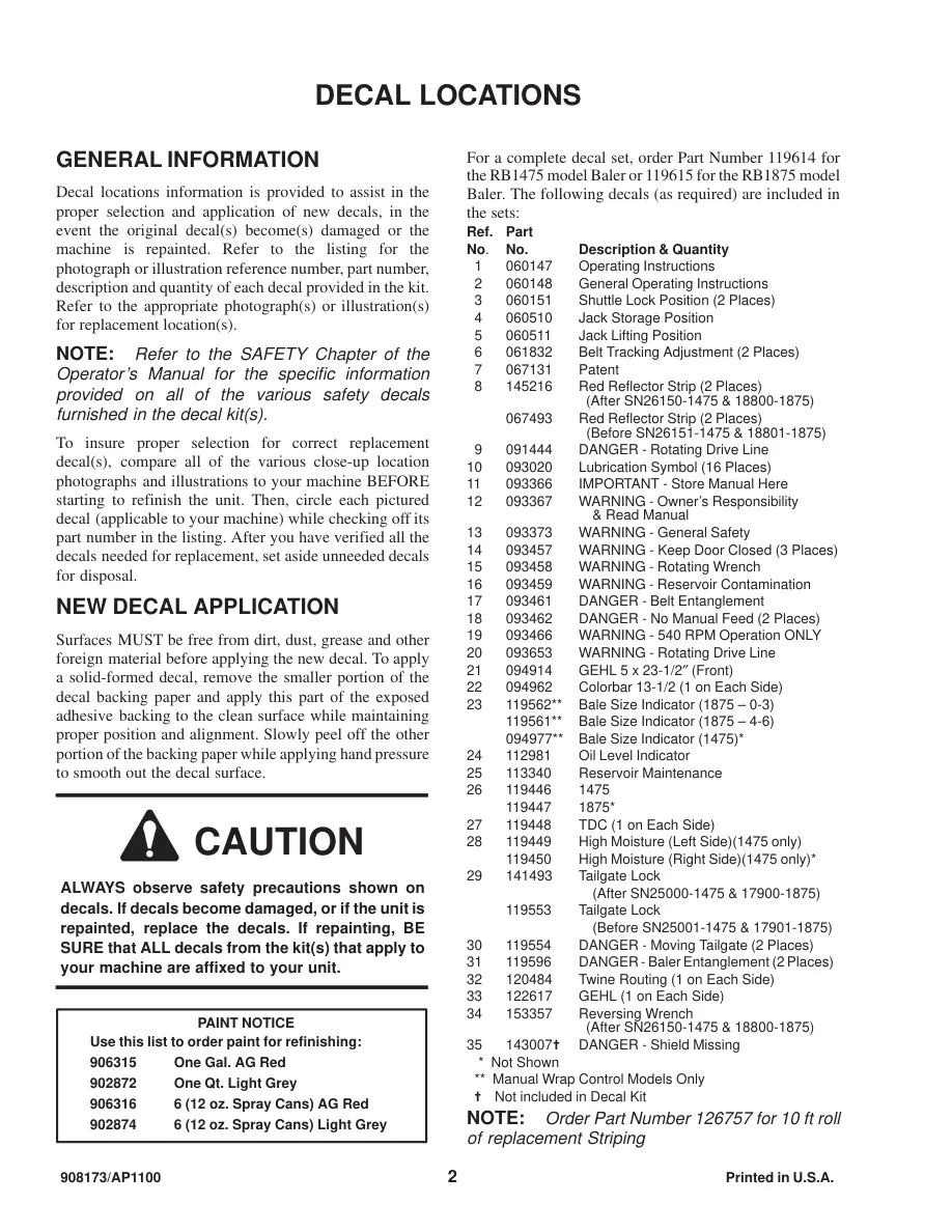 Gehl 1475/1875 Variable Chamber Round Balers Parts Manual preview page 4