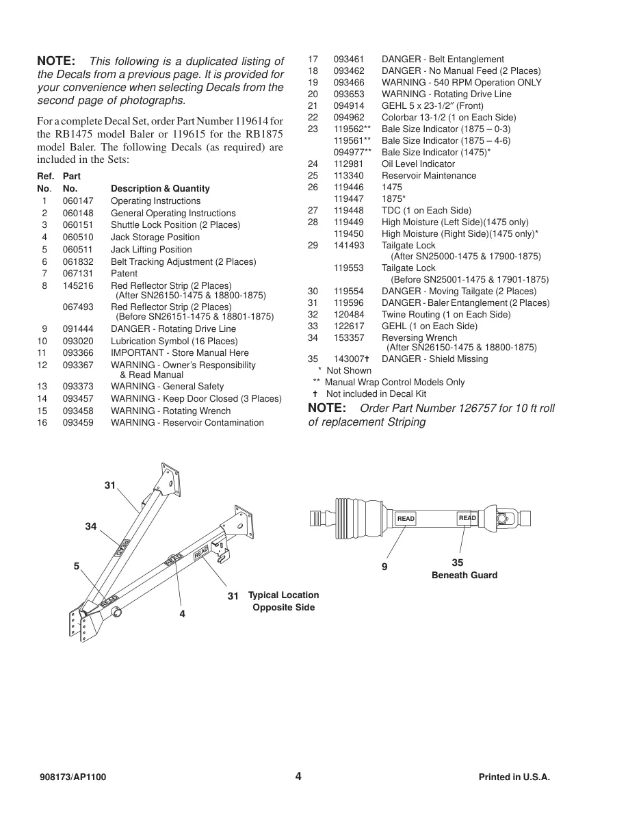 Gehl 1475/1875 Variable Chamber Round Balers Parts Manual preview page 6