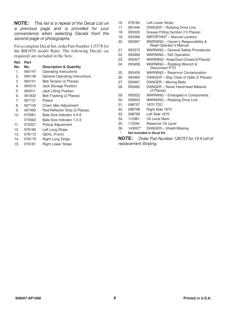 Gehl 1870 Variable Chamber Round Baler Parts Manual preview page 6