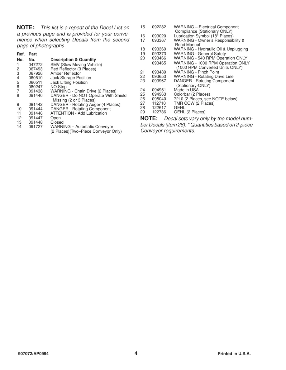Gehl 7210 Mixer Feeder Machine Parts Manual preview page 6