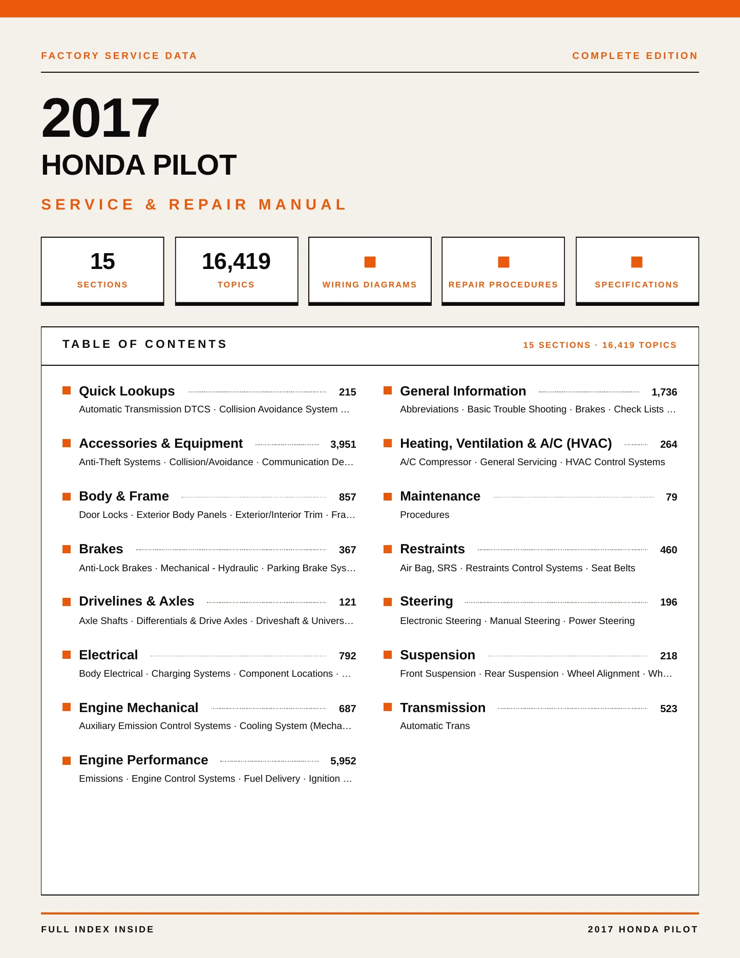 2017 Honda Pilot Service and Repair Manual preview page 1