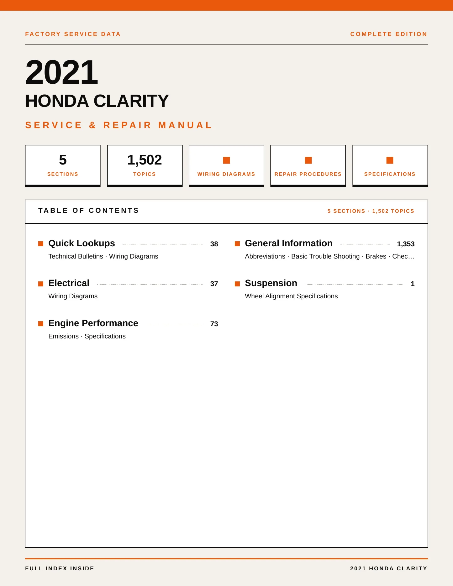2021 Honda Clarity Service and Repair Manual preview page 1