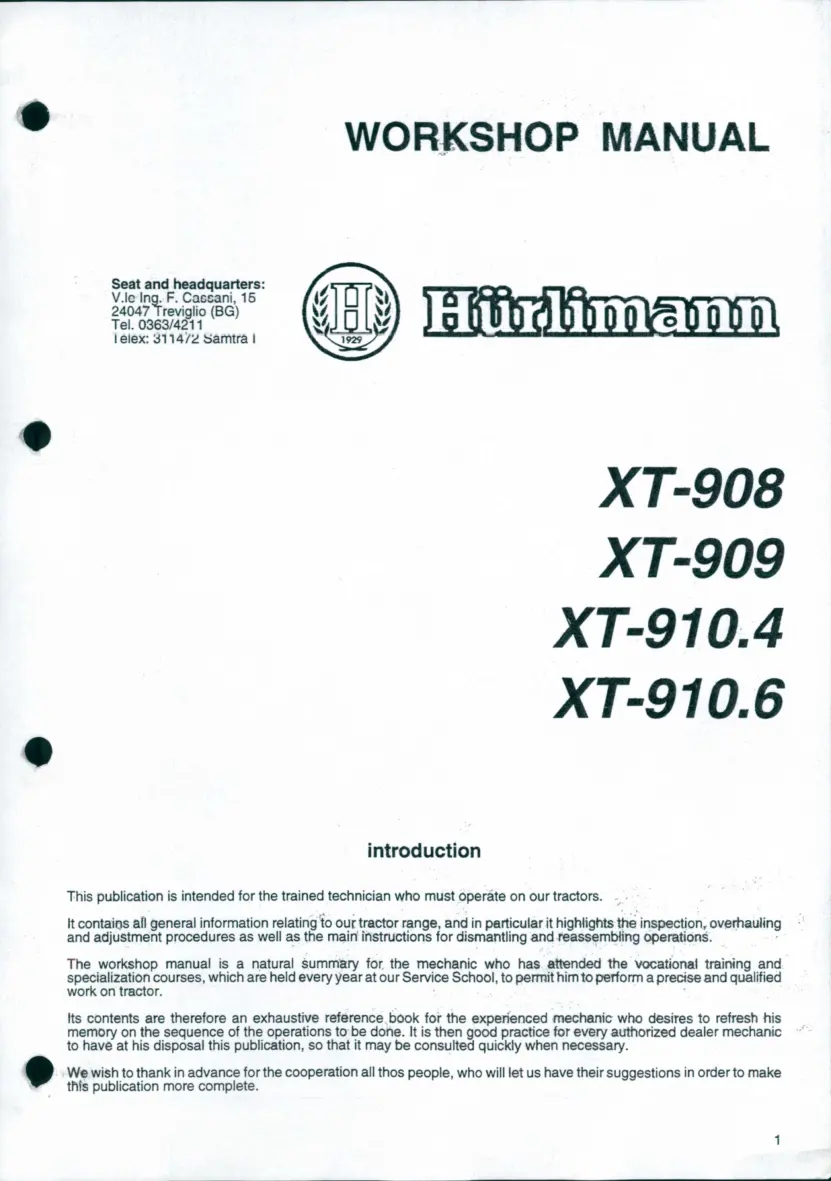 Hurlimann XT 908 909 Tractor Service & Repair Manual preview page 3