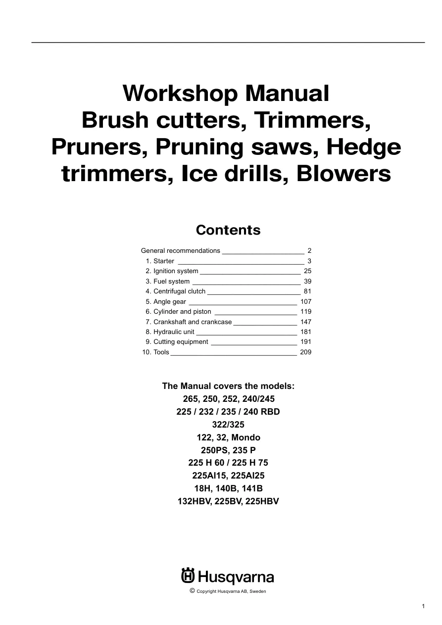 Husqvarna Brush cutters Trimmers Pruners Pruning saws Hedge Ice drills Blowers Service & Repair Manual preview page 2
