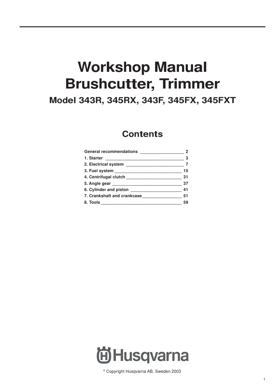 Husqvarna Brushcutter Trimmer 343R/345RX/343F/345FX/345FXT Service & Repair Manual preview page 3
