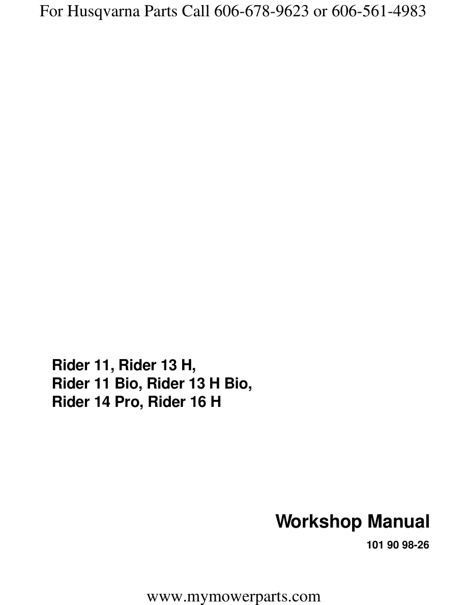 Husqvarna Rider 16H Ride on Mower Service & Repair Manual preview page 1