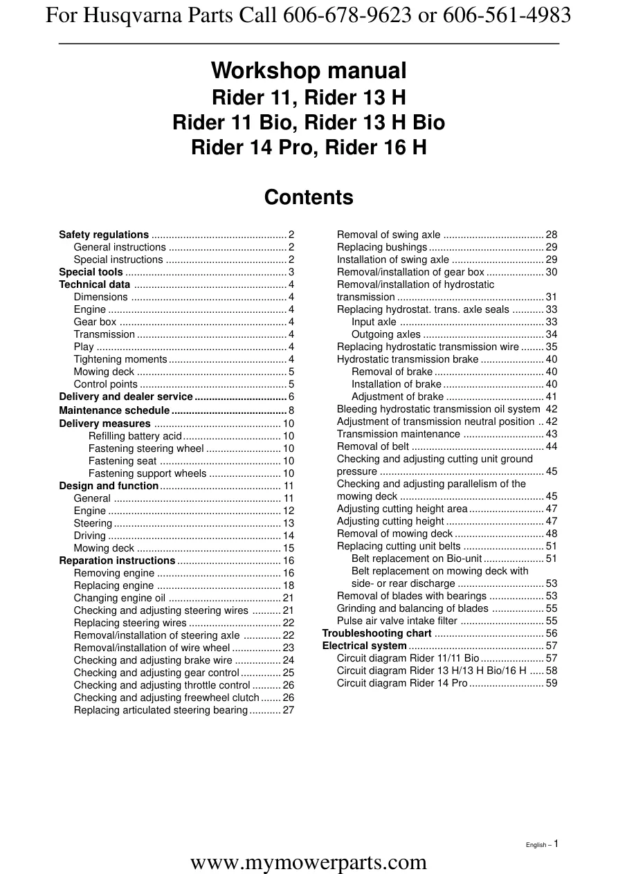 Husqvarna Rider 16H Ride on Mower Service & Repair Manual preview page 2