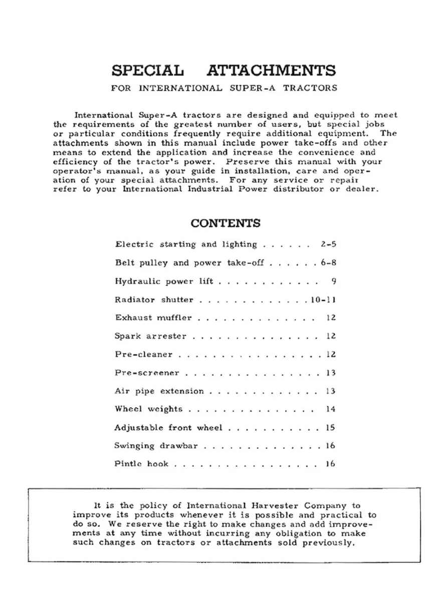 International Harvester Farmall IH Super A Tractor Special Attachments Operator's Manual preview page 2