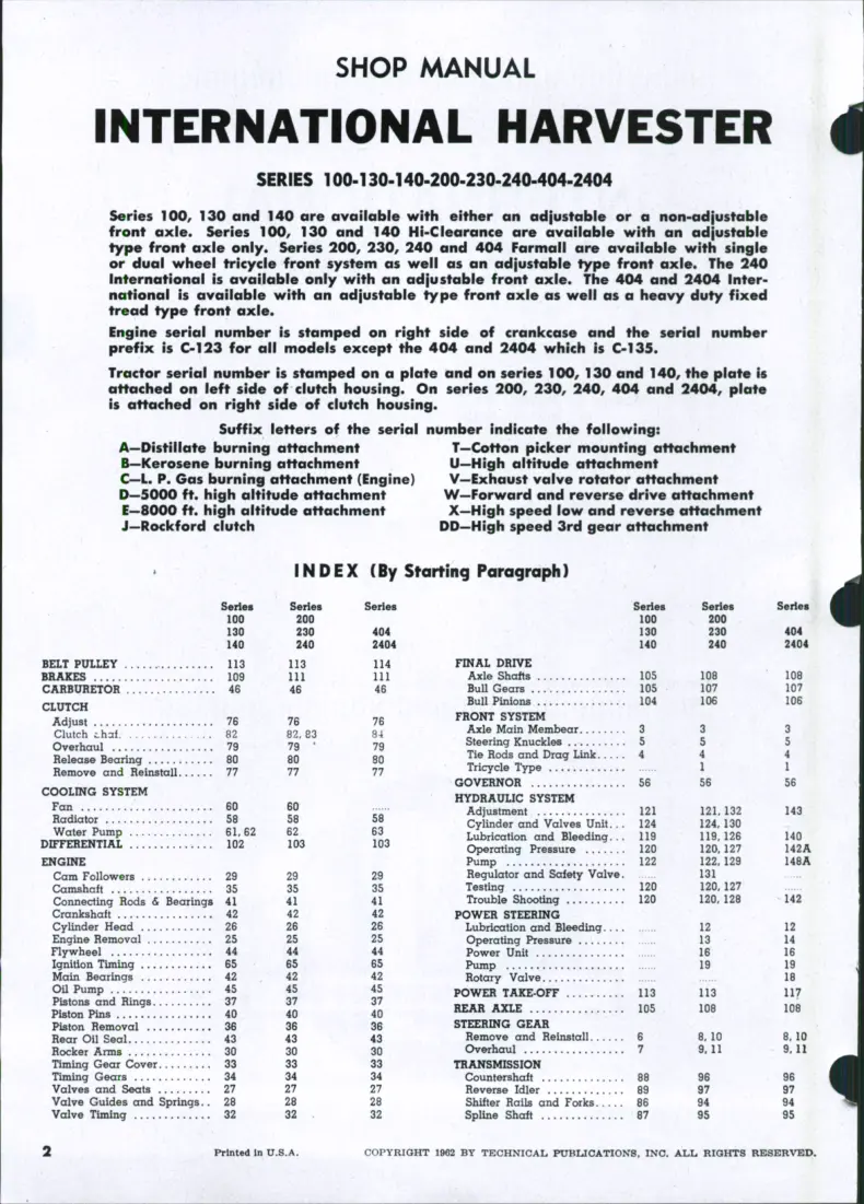 International Harvester IH Farmall 100-130-140-200-230-240-404-2404 Service & Repair Manual preview page 1