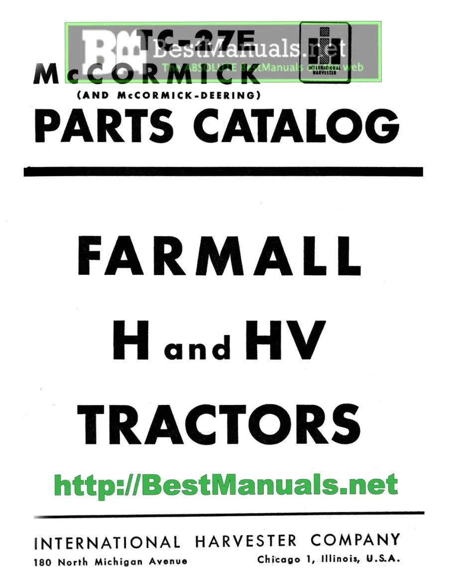 International Harvester IH Farmall H & HV Tractor Parts Manual preview page 1