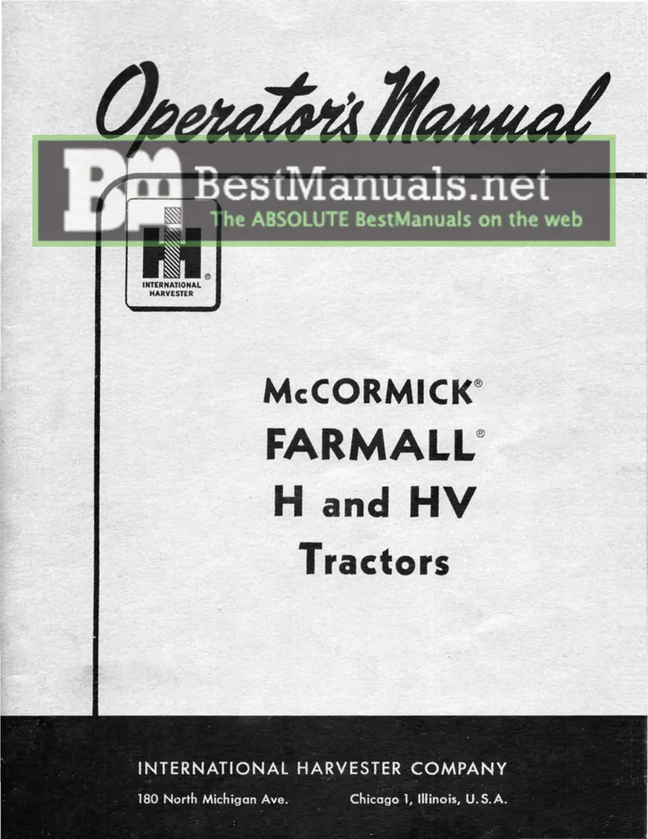 International Harvester IH Farmall H & HV Tractors Operator's Manual preview page 1