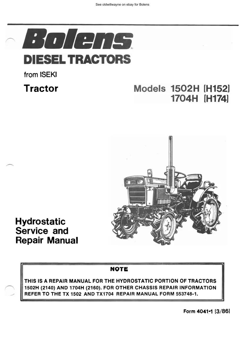 Iseki Bolens tractor Hydrostatic supplement Service & Repair Manual preview page 1
