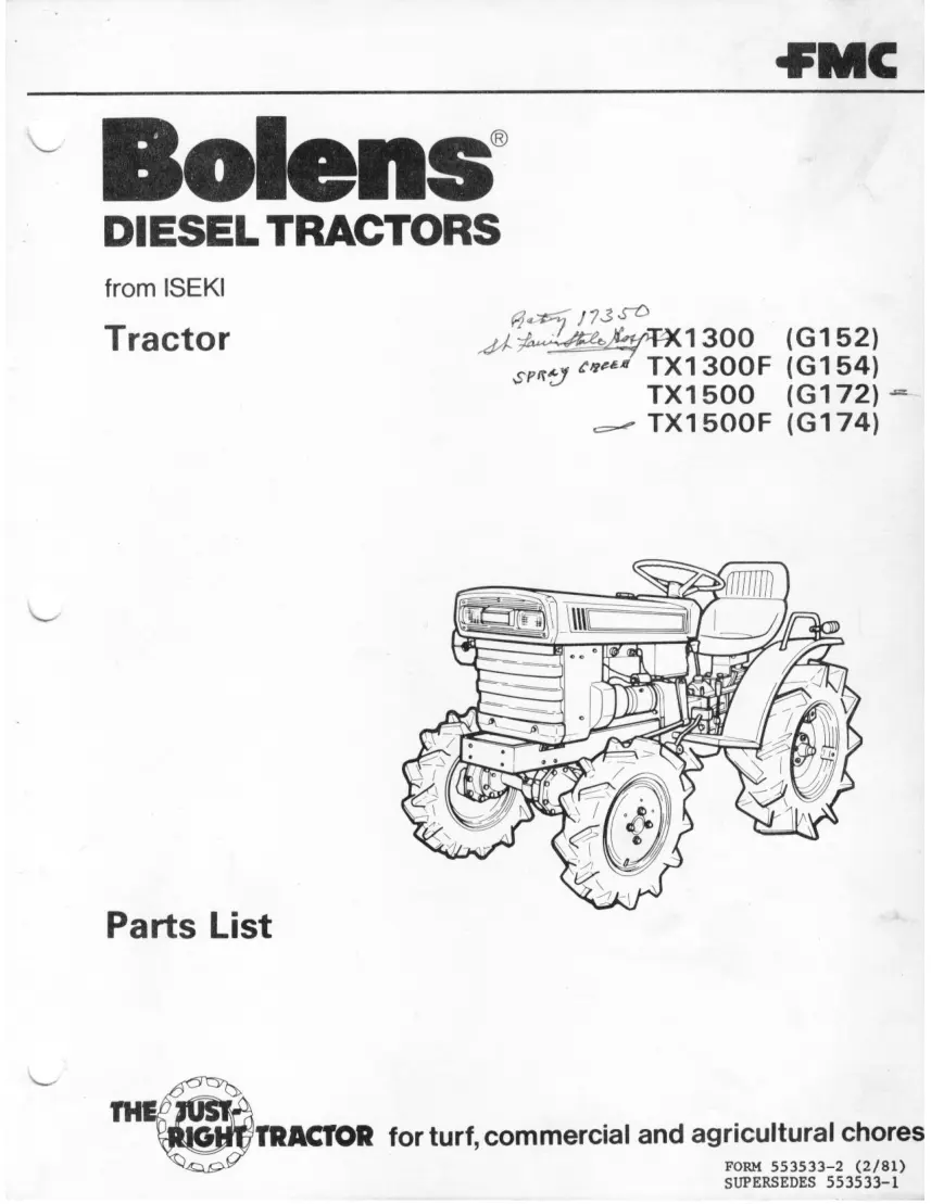 Iseki Bolens tractor master Parts Manual preview page 1
