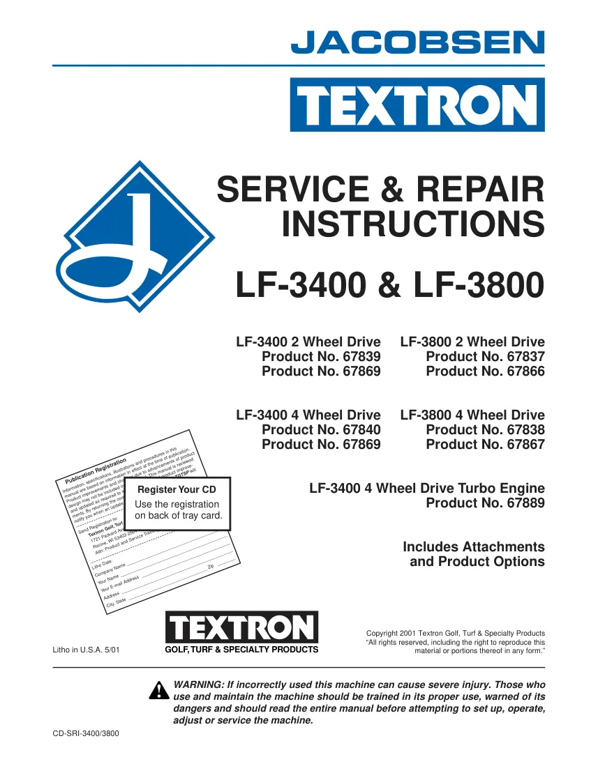 Jacobsen LF-3400 & LF-3800 Riding Mower Service & Repair Manual preview page 1