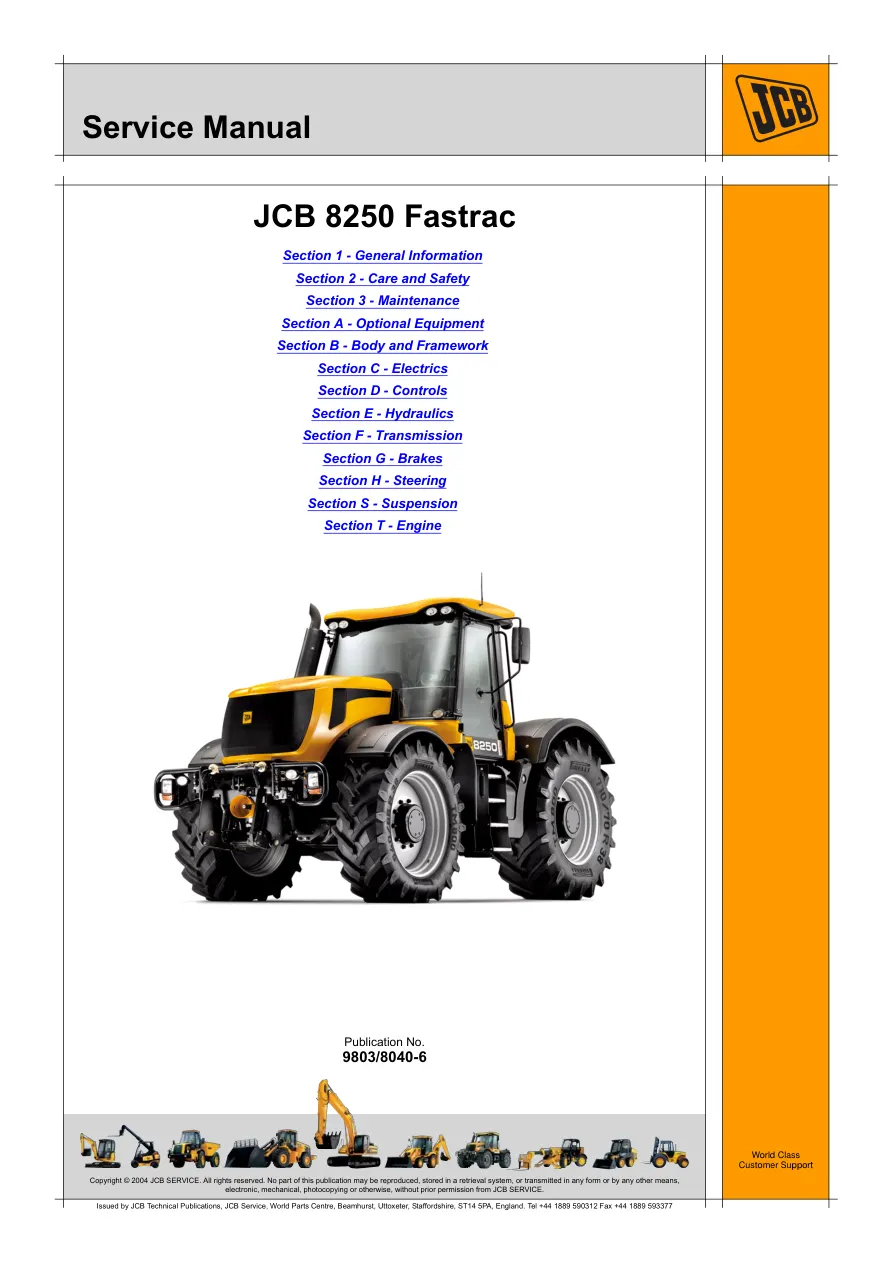 JCB 8250 Fastrac Tractor Parts Manual preview page 1