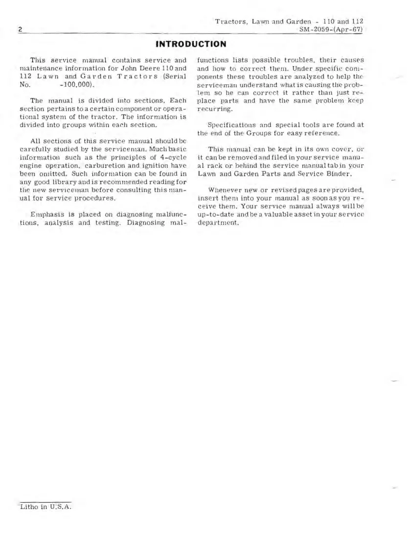 John Deere 110 112 Tractors Service & Repair Manual preview page 3
