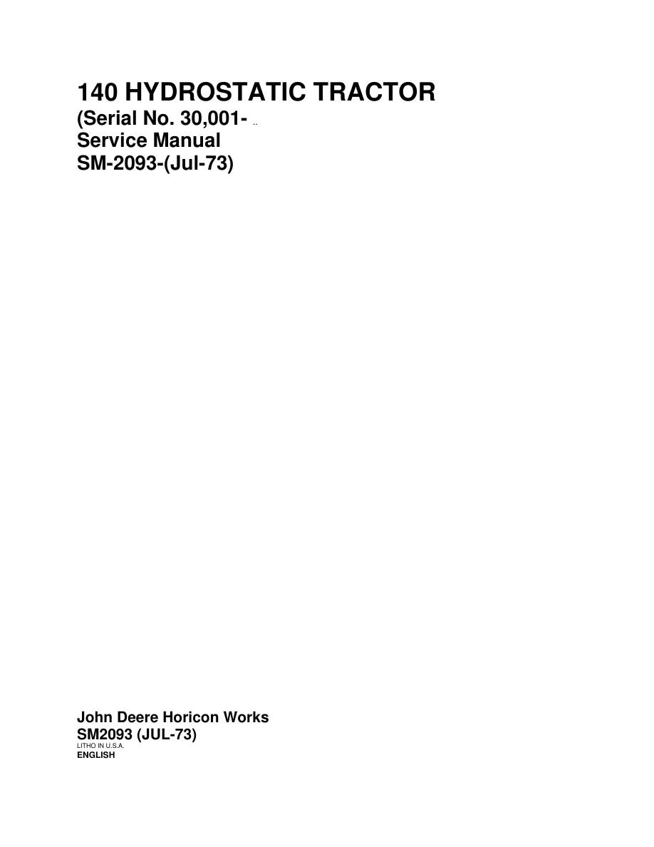 John Deere 140 Hydro Static 30 000+ Riding Mower Service & Repair Manual preview page 1
