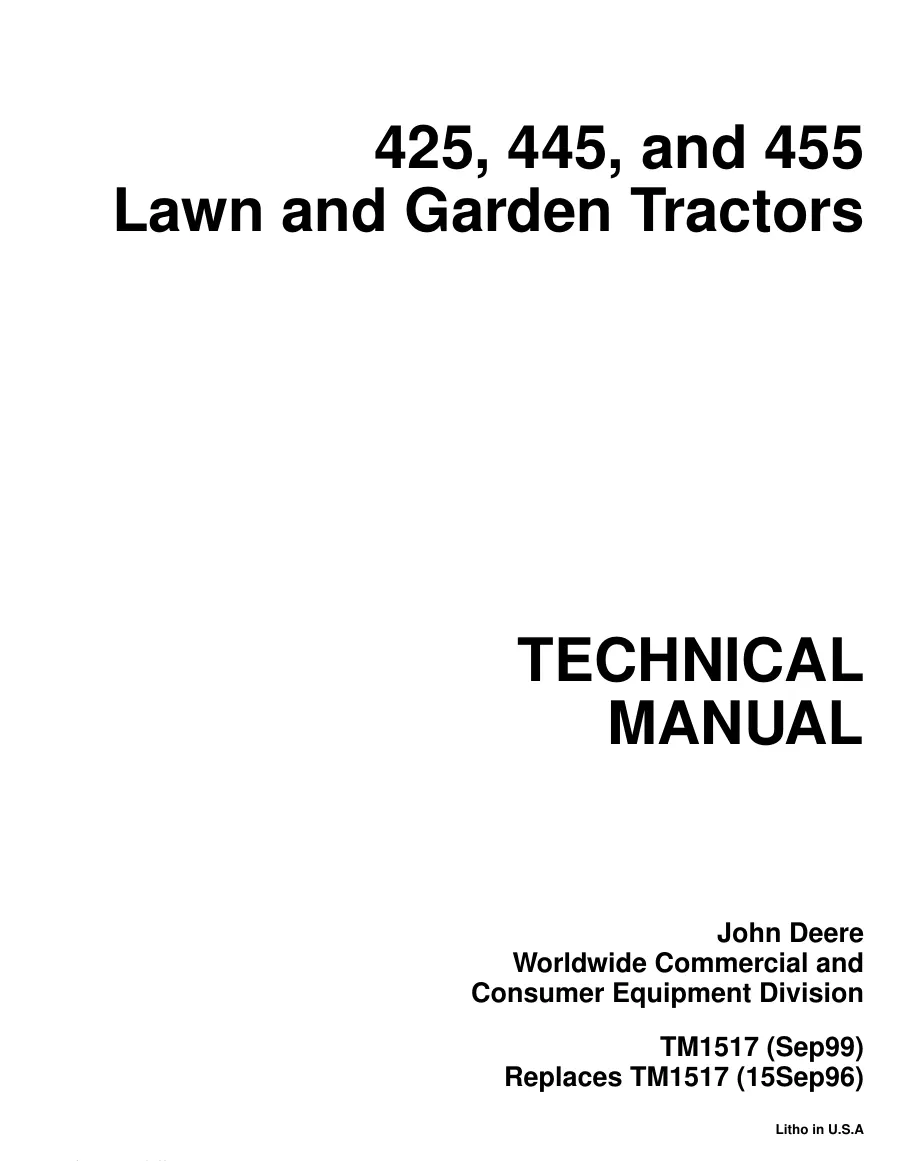John Deere 1992-2001 425/445/455 Lawn Tractor Service & Repair Manual preview page 1