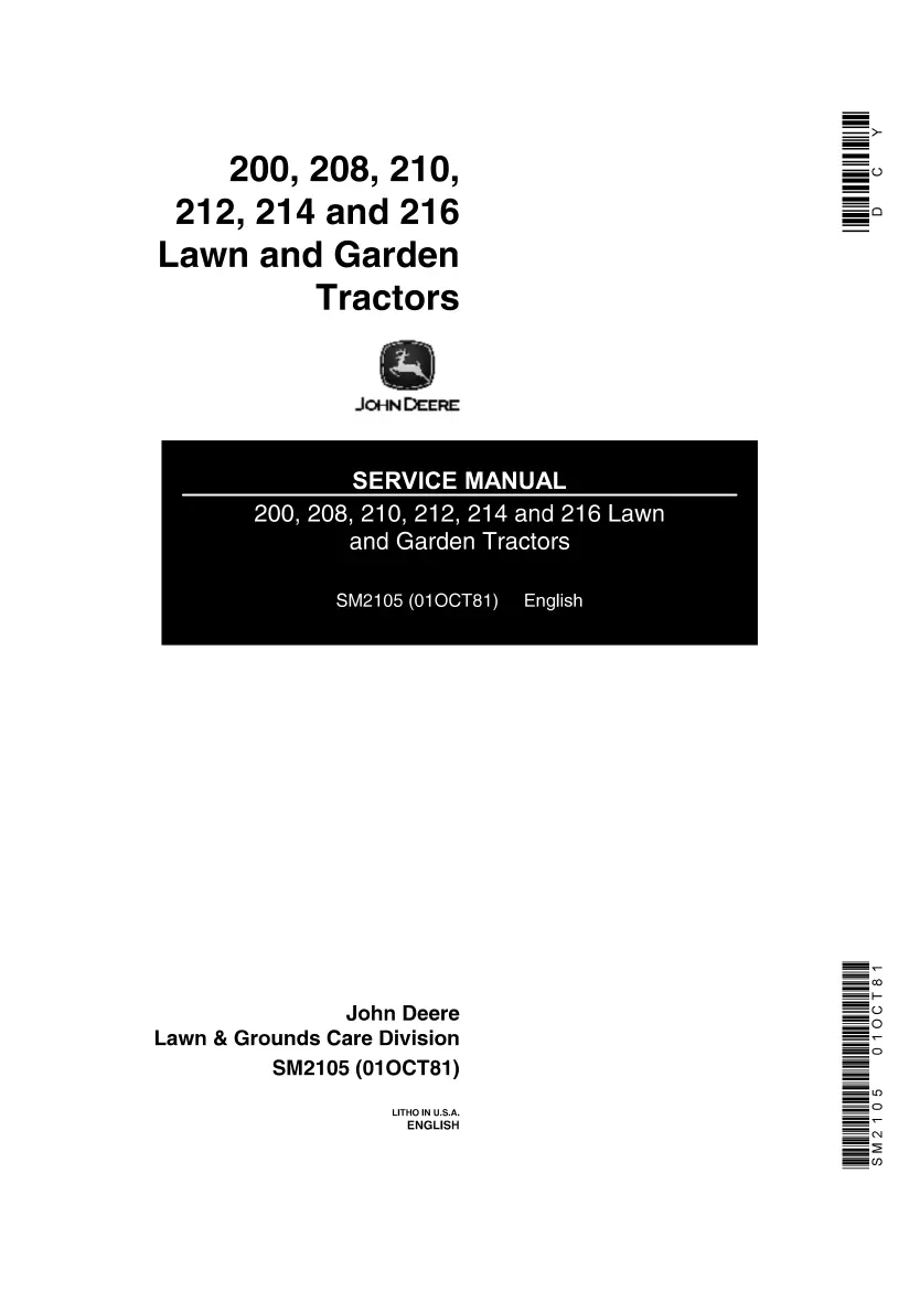 John Deere 200 & 208 210 212 214 216 Lawn Garden Tractor Service & Repair Manual preview page 1