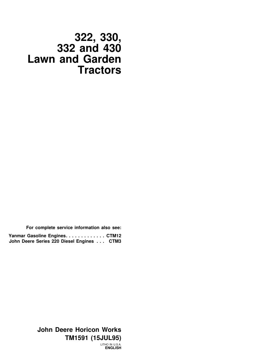 John Deere 322 330 332 430 Lawn Garden Tractor Service & Repair Manual preview page 1