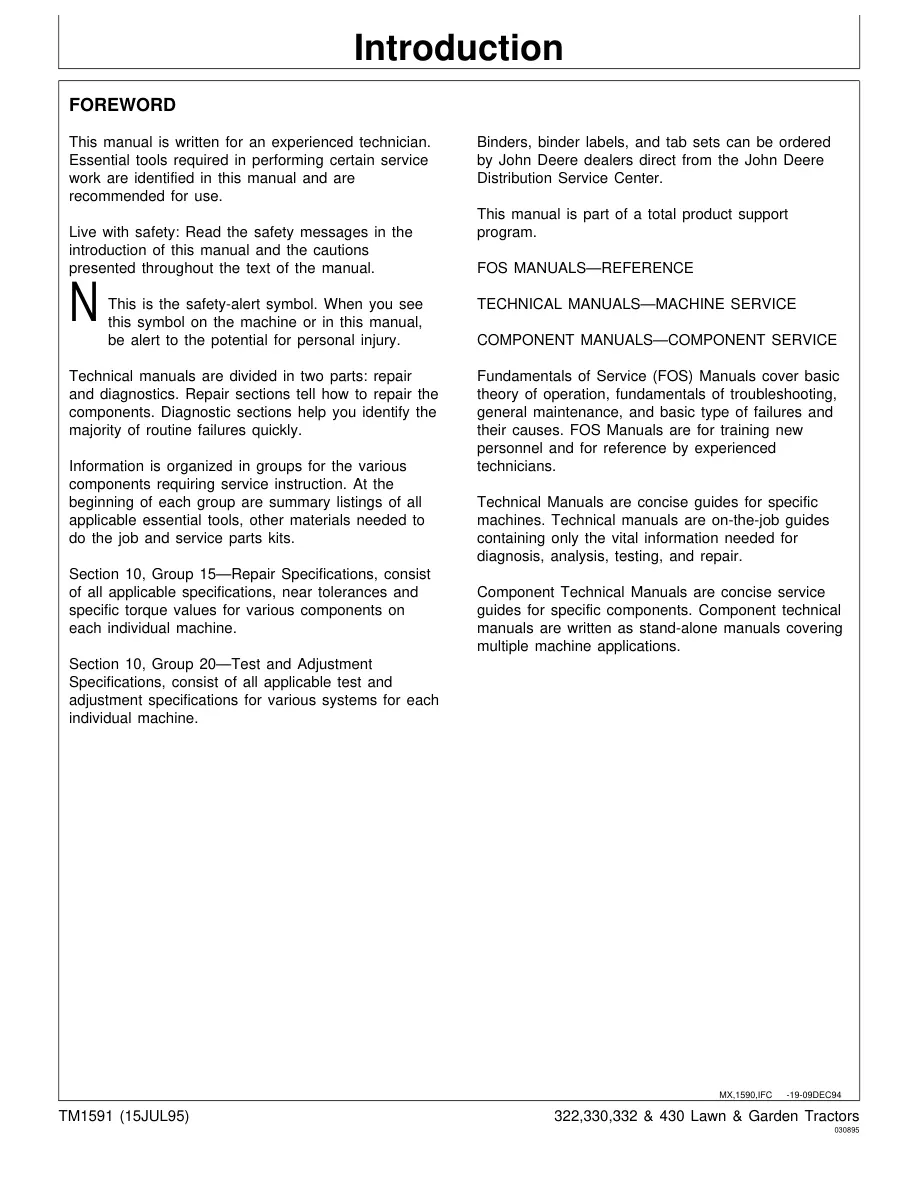 John Deere 322 330 332 430 Lawn Garden Tractor Service & Repair Manual preview page 2