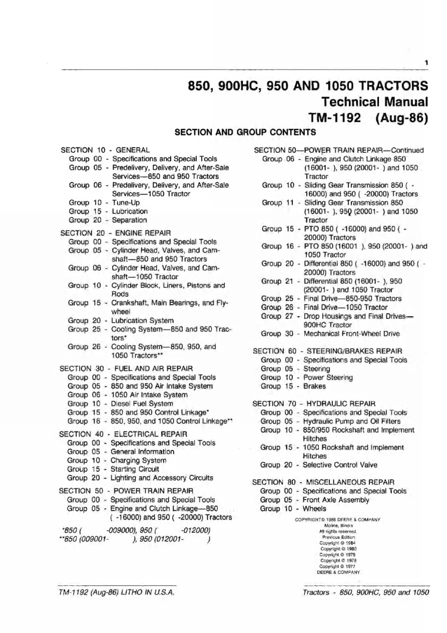 John Deere 850 900 HC 950 1050 Tractors Service & Repair Manual preview page 5