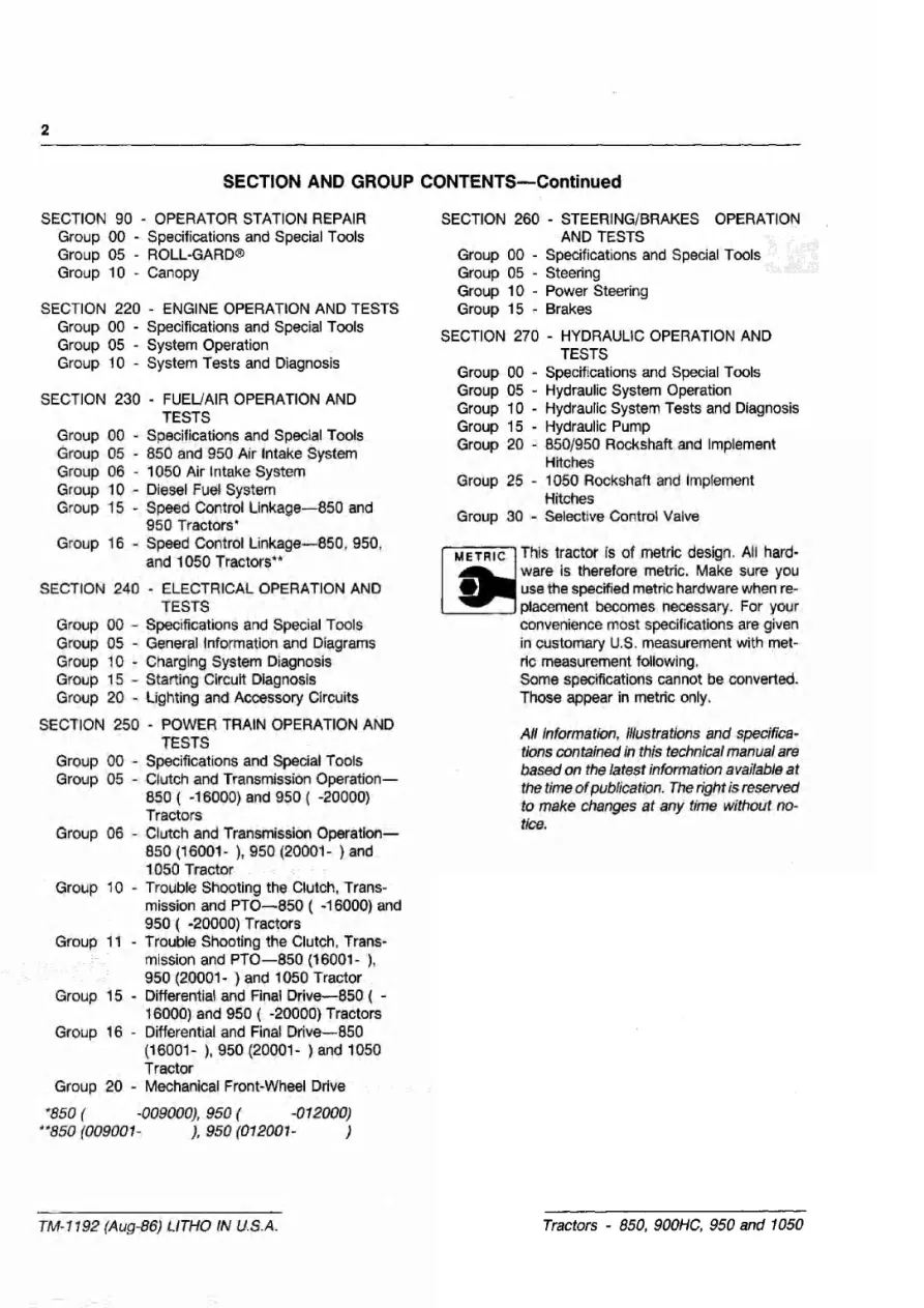 John Deere 850 900 HC 950 1050 Tractors Service & Repair Manual preview page 6