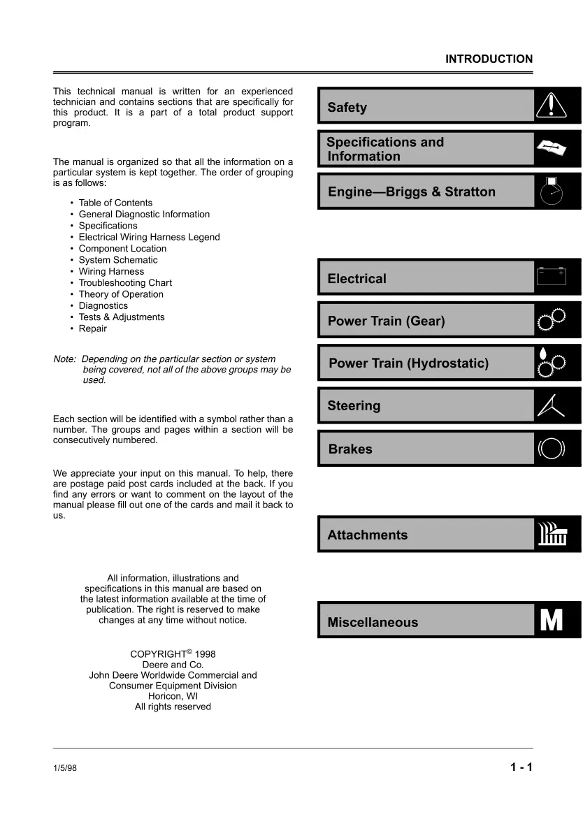 John Deere Sabre 1842GV 1842HV Lawn Mower Service & Repair Manual preview page 3