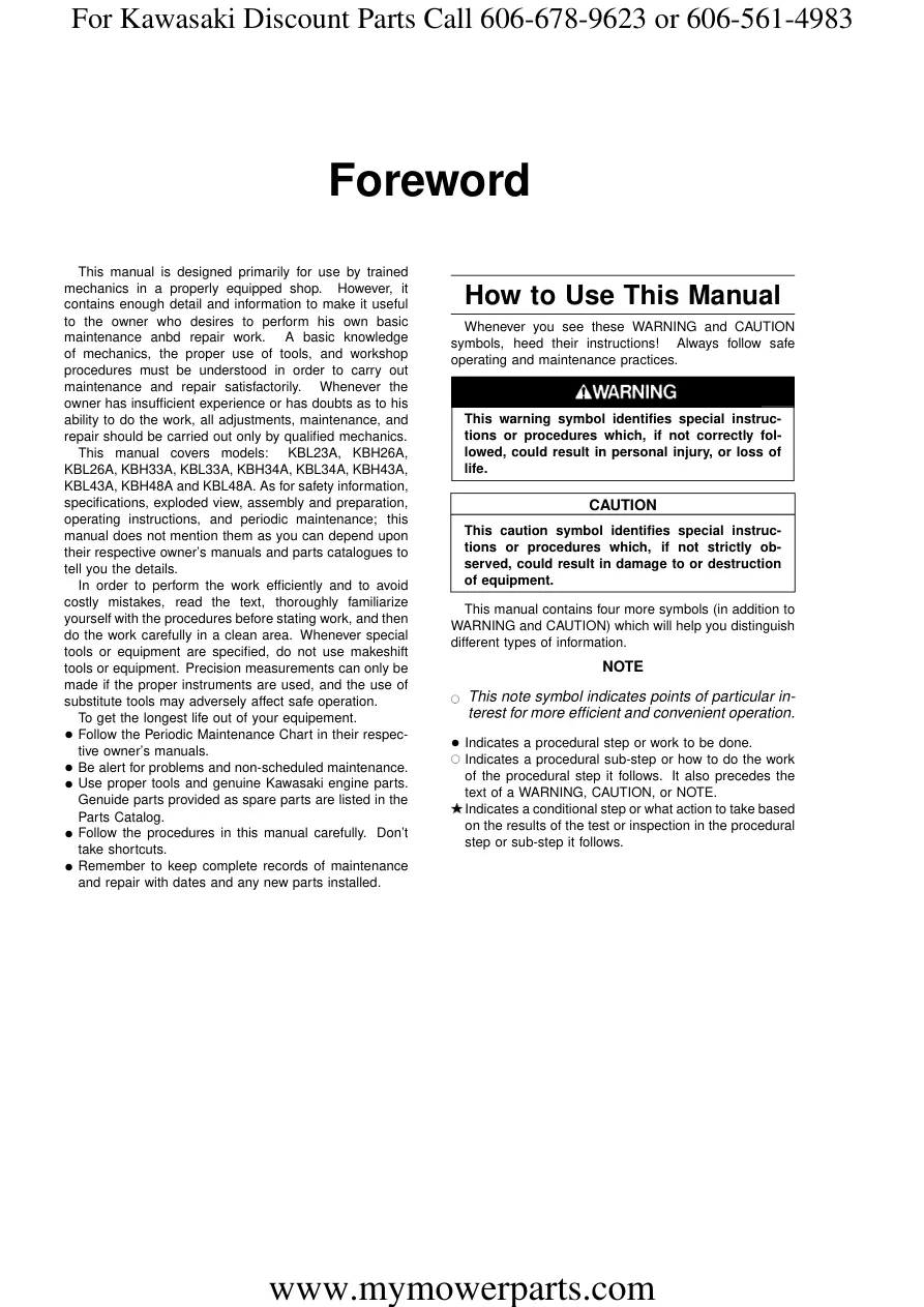 Kawasaki KBL23A KBL26A KBL33A KBL34A KBL43A KBL48A KBH26A KBH33A KBH34A KBH43A KBH48A Trimmer Brushcutter Service & Repair Manual preview page 4