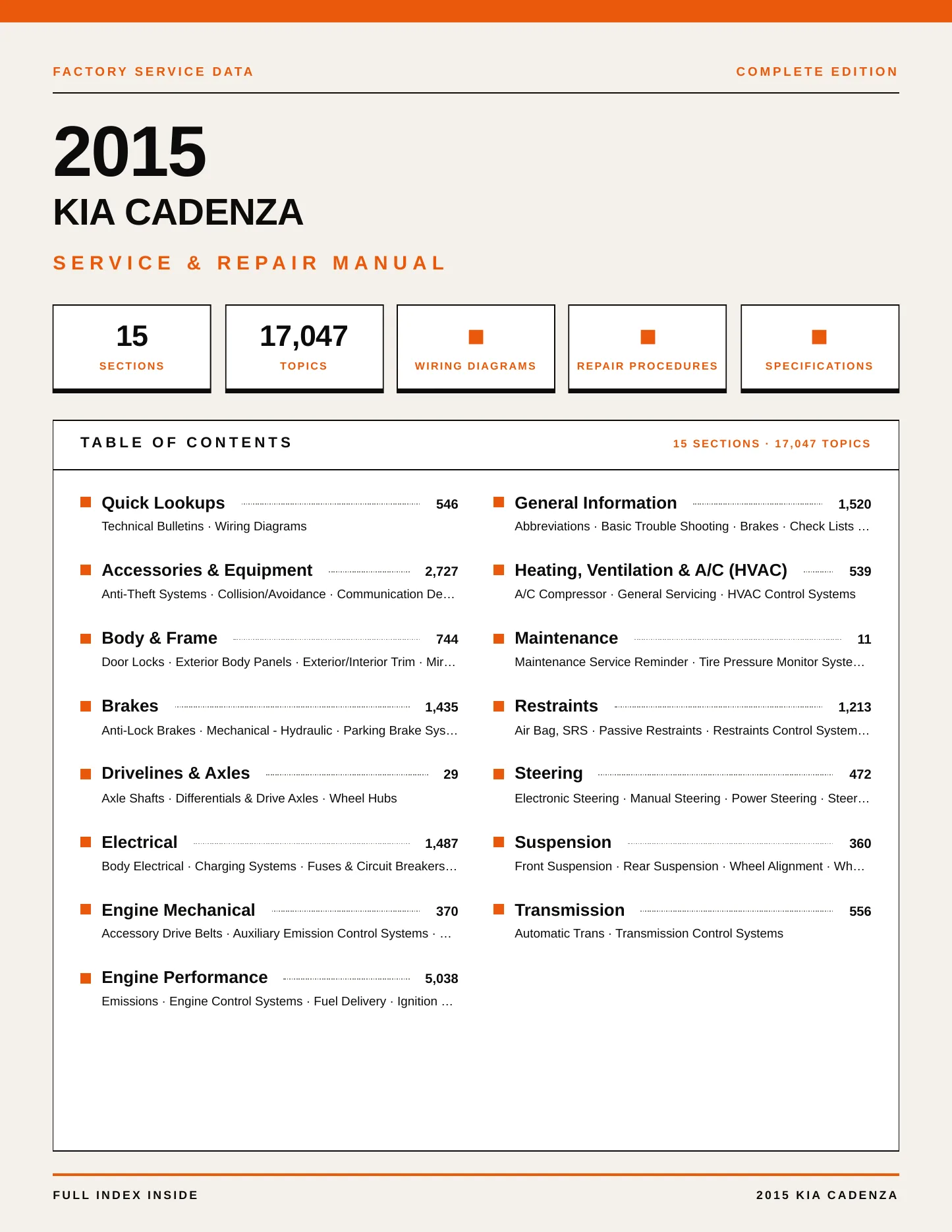 2015 Kia Cadenza Service and Repair Manual preview page 1