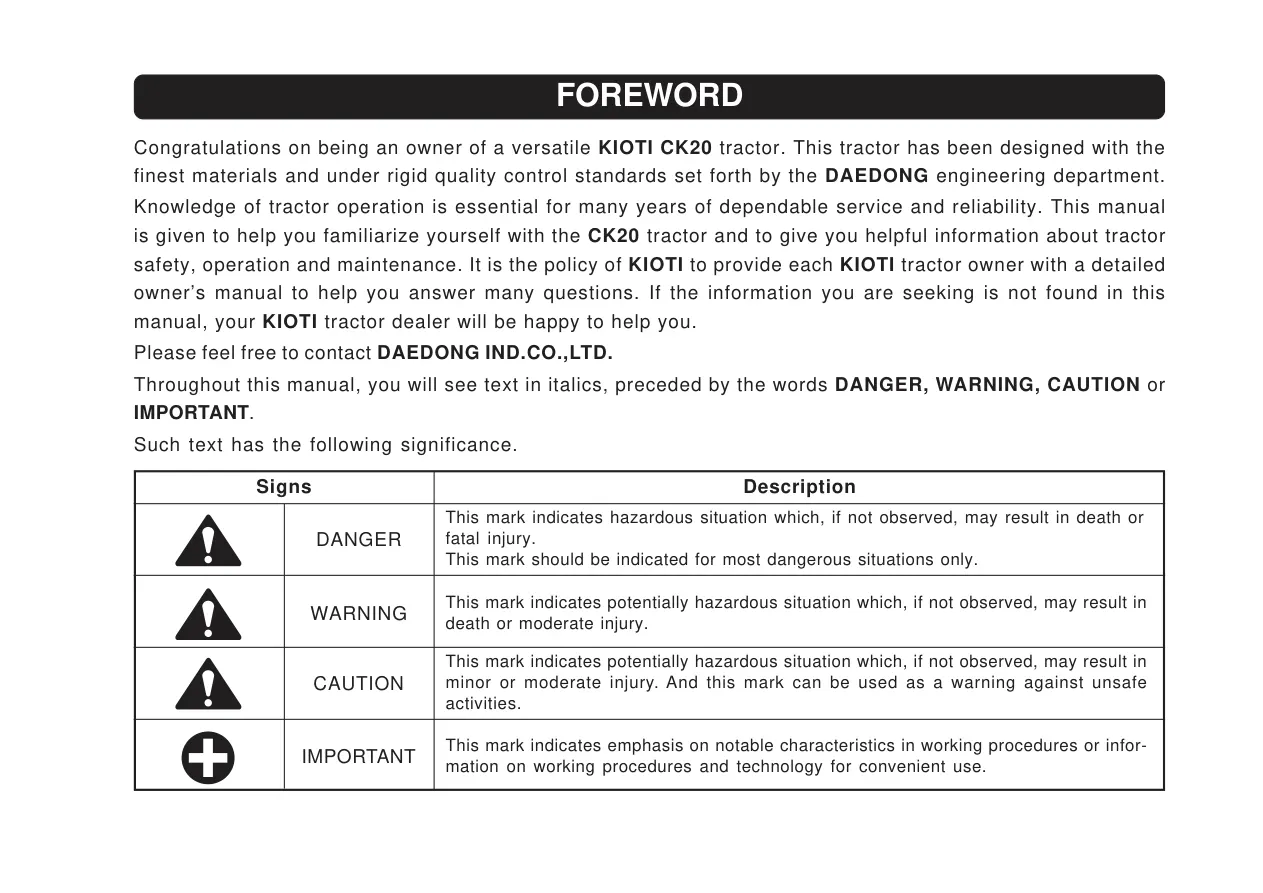 Kioti Daedong CK20 Tractor Operator's Manual preview page 1