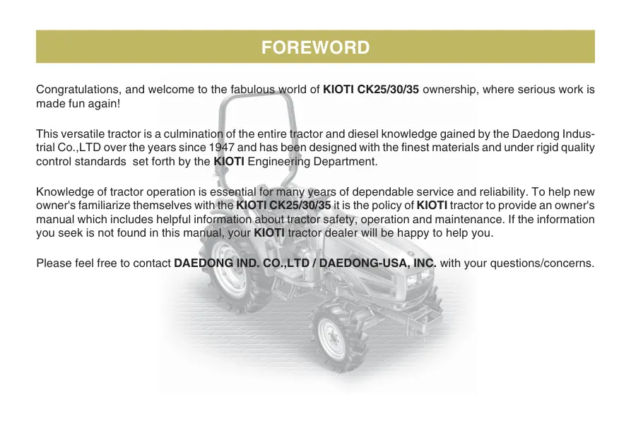 Kioti Daedong CK25 CK30 CK35 Tractor Operator's Manual preview page 1