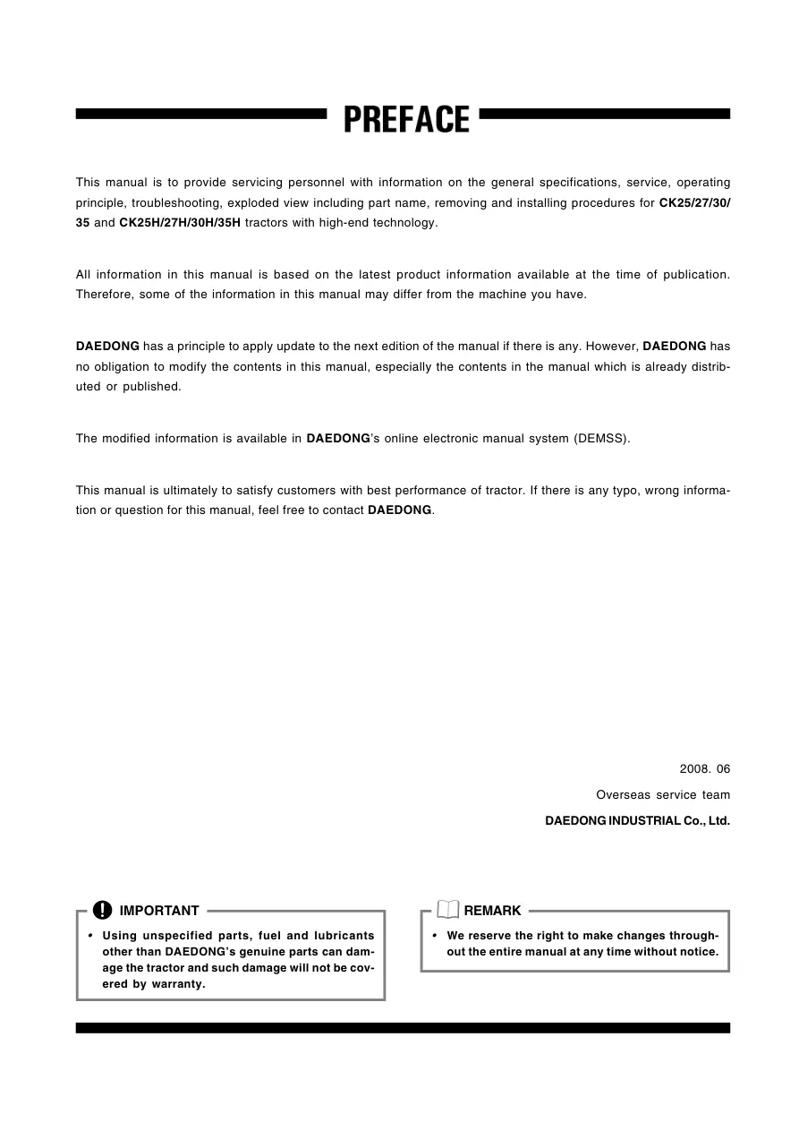 Kioti Daedong CK35 Compact Tractor Service & Repair Manual preview page 3