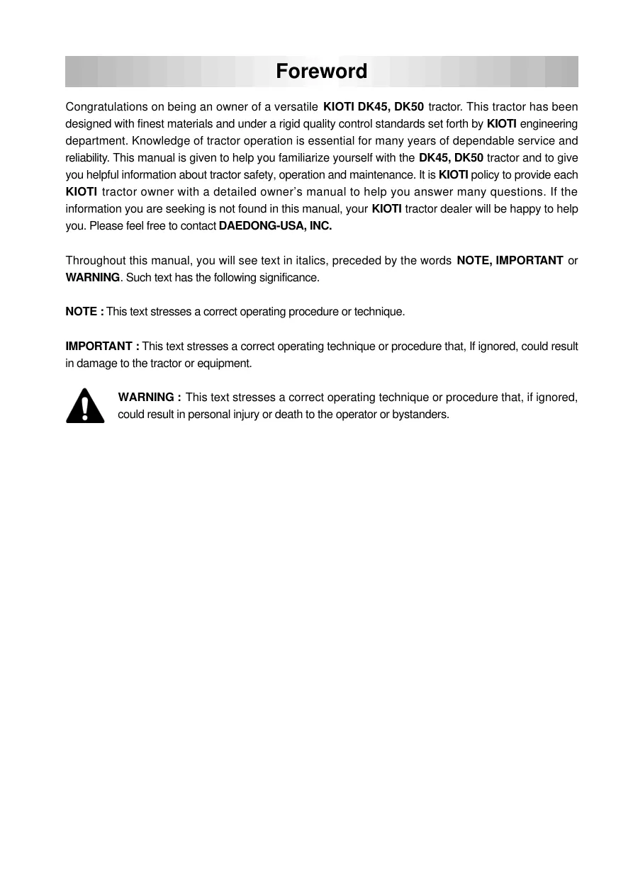 Kioti Daedong DK45 DK50 Tractor Operator's Manual preview page 1