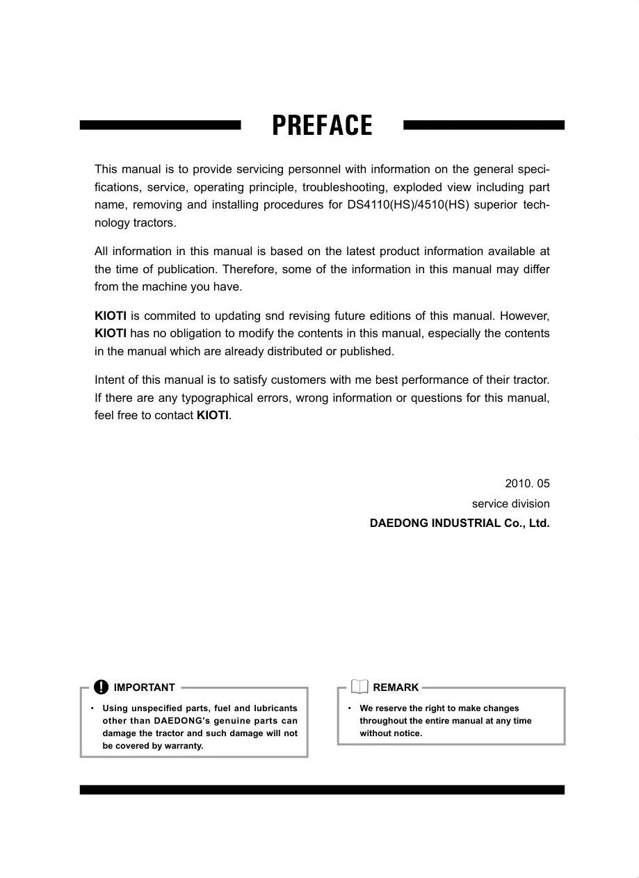 Kioti Daedong DS4110 DS4110HS DS4510 DS4510HS Tractor Service & Repair Manual preview page 3