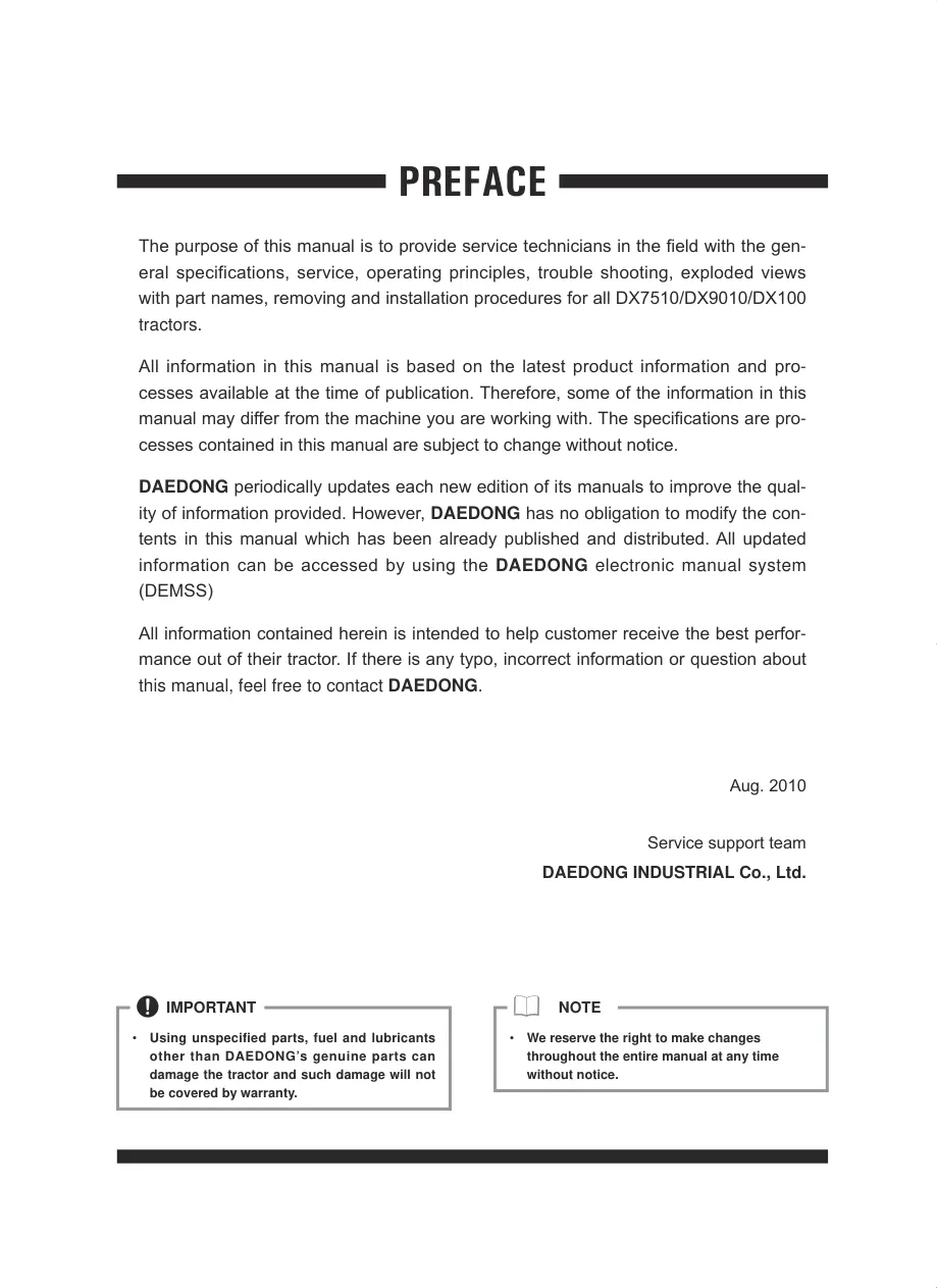 Kioti Daedong DX7510 DX9010 DX100 Tractor Service & Repair Manual preview page 3