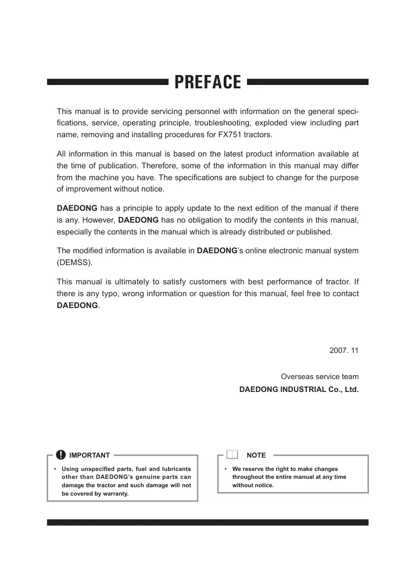 Kioti Daedong FX751 Tractor Service & Repair Manual preview page 3