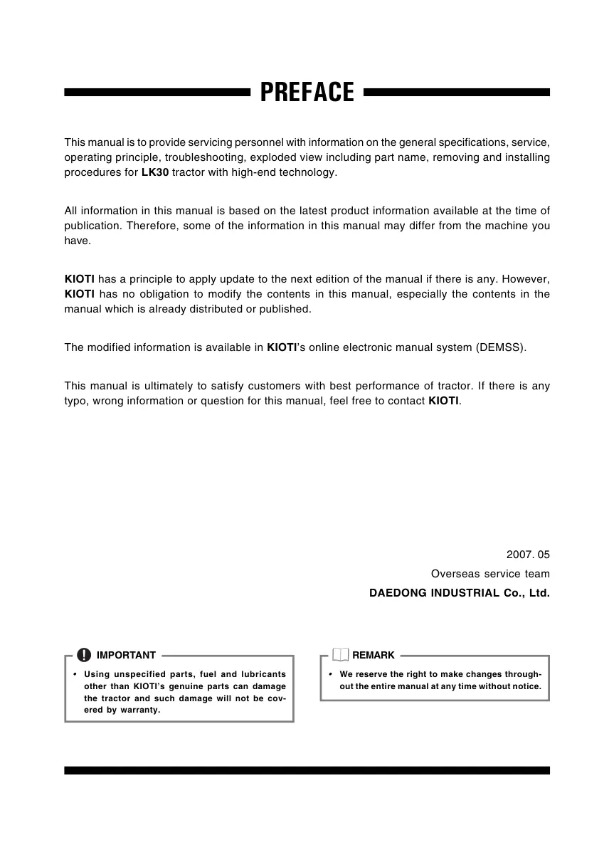 Kioti Daedong LK30 Tractor Service & Repair Manual preview page 3