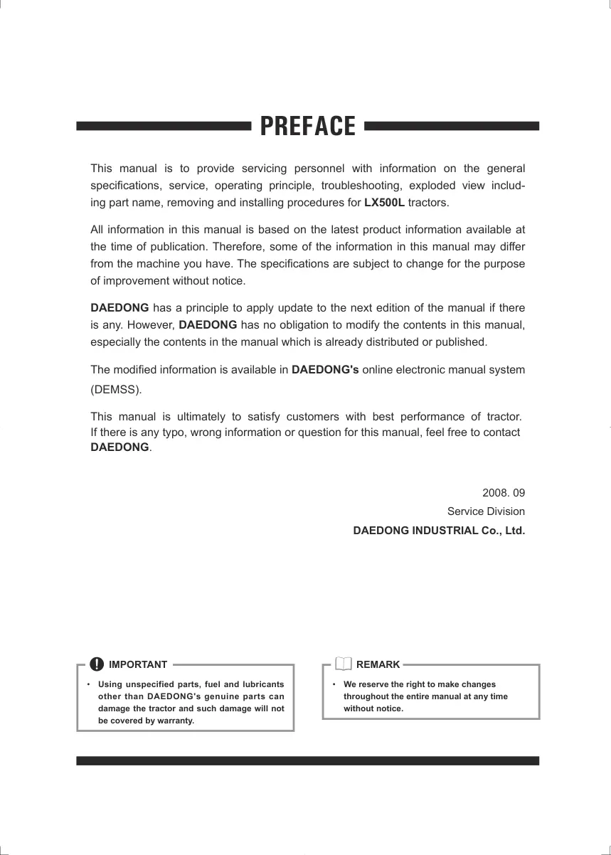 Kioti Daedong LX500L Tractor Service & Repair Manual preview page 3