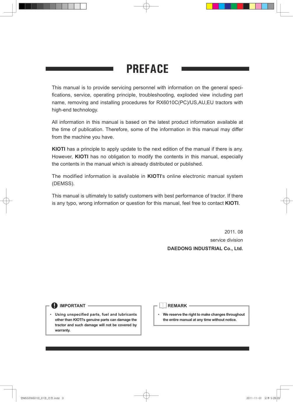 Kioti Daedong RX6010C RX6010PC Tractor Service & Repair Manual preview page 3