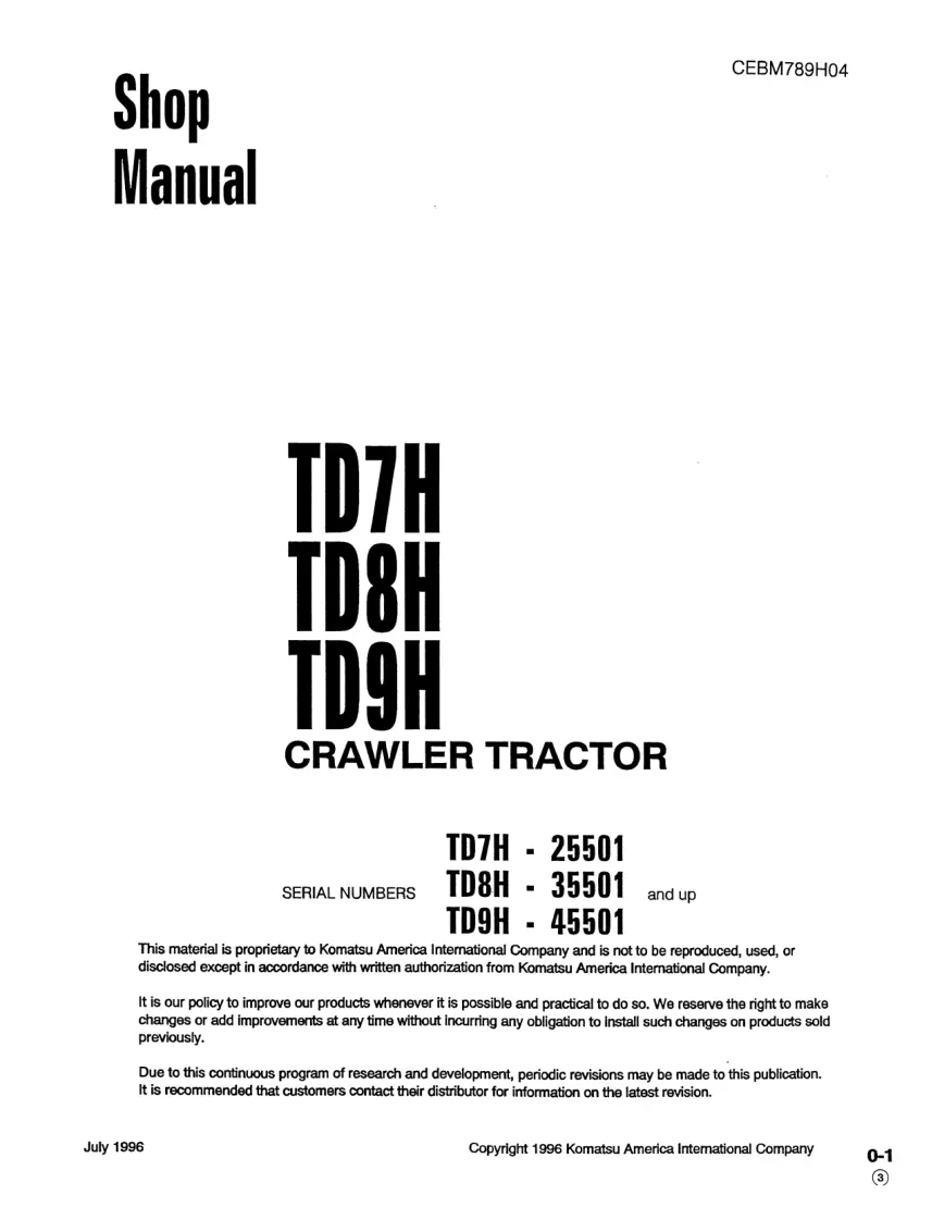 Komatsu TD-7H TD-8H TD-9H Crawler Tractor Service & Repair Manual preview page 3
