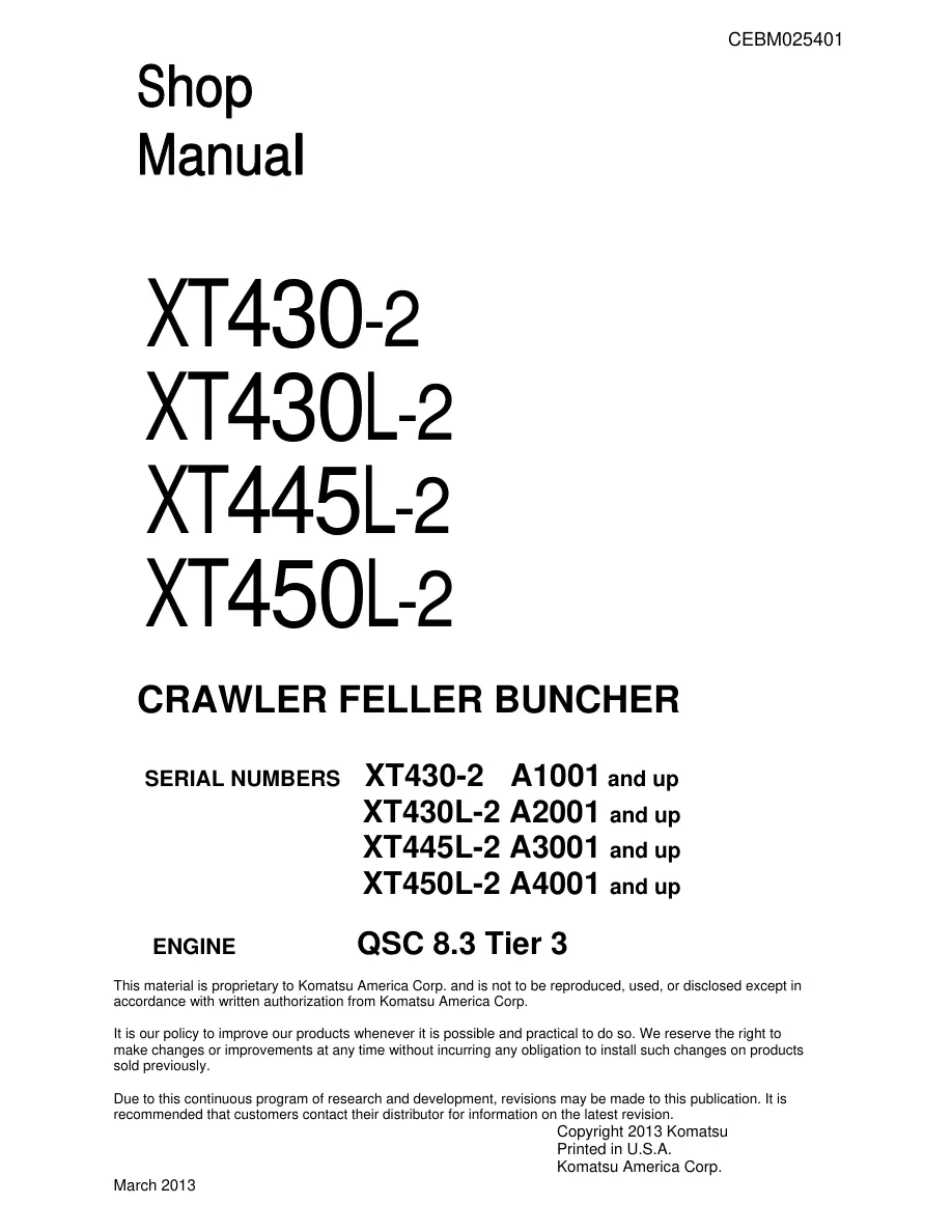 Komatsu XT430-2 XT430L-2 XT445L-2 XT450L-2 Crawler Feller Buncher Service & Repair Manual preview page 1
