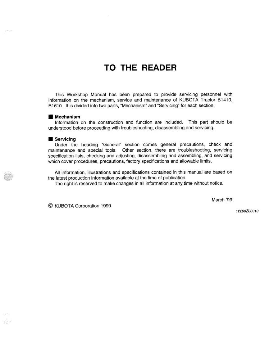 Kubota B1410 & B1610 Tractor Service & Repair Manual preview page 1
