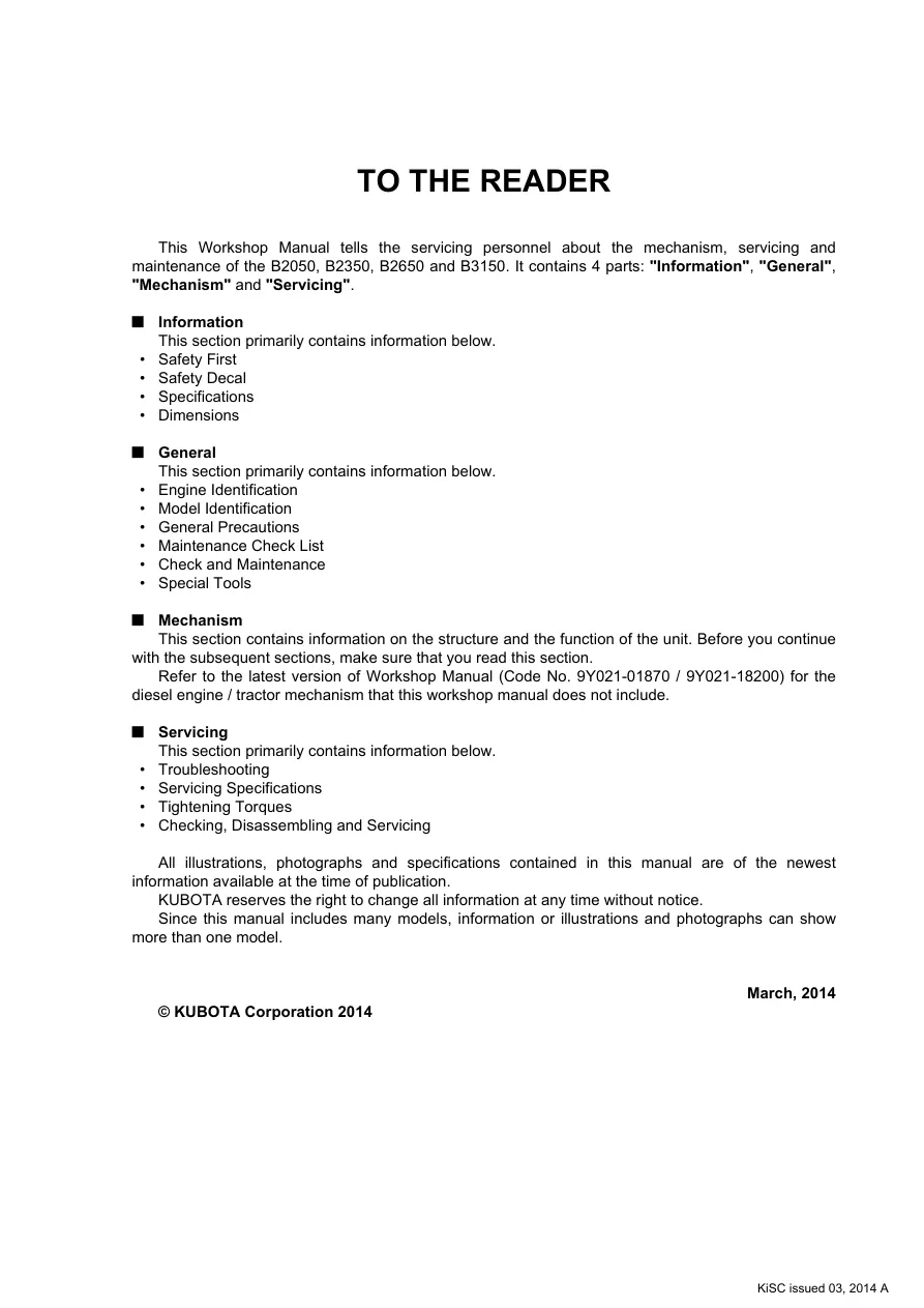 Kubota B2650 Tractor Service & Repair Manual preview page 2
