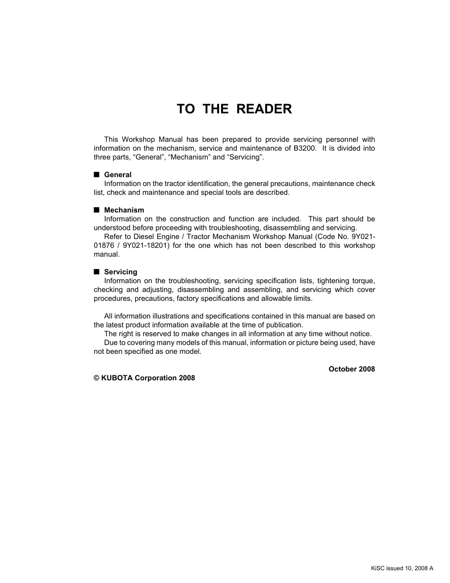 Kubota B3200 Tractors Service & Repair Manual preview page 2