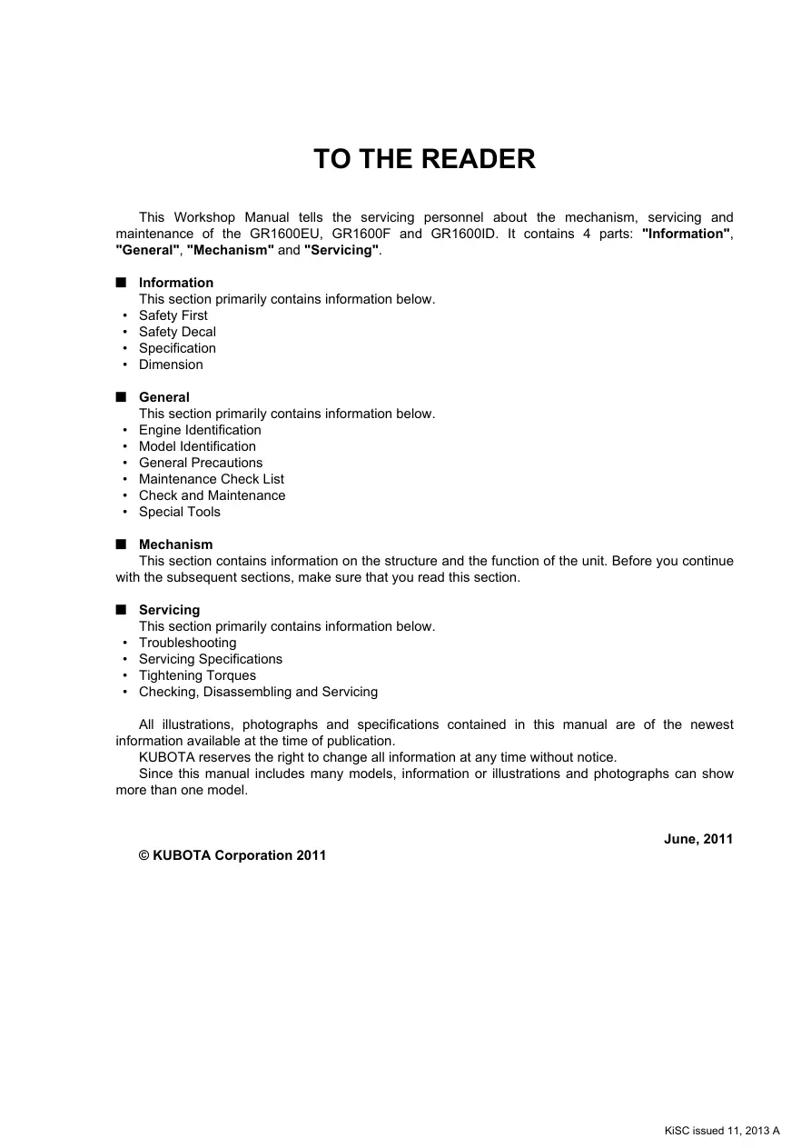 Kubota GR1600ID Riding Mower Service & Repair Manual preview page 2