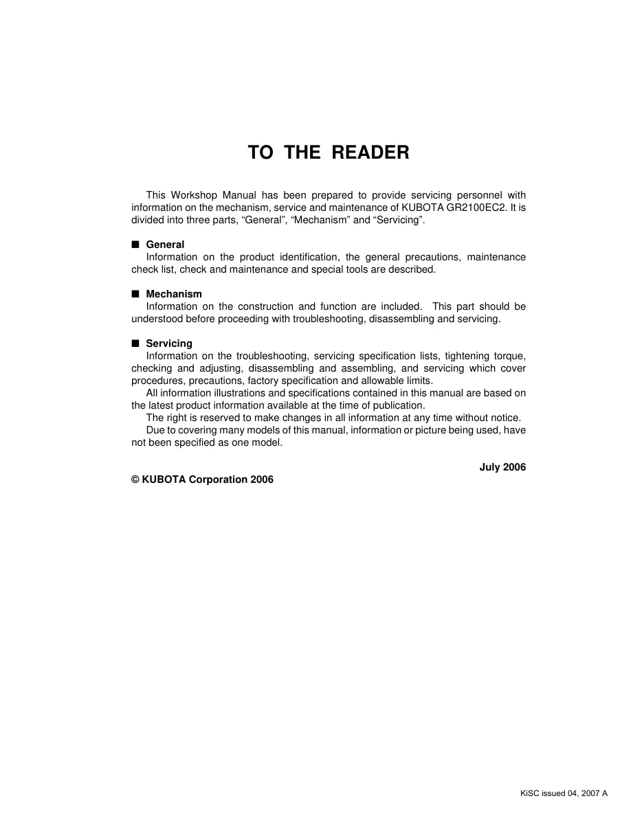 Kubota GR2100EC2 Lawn Tractor Service & Repair Manual preview page 2