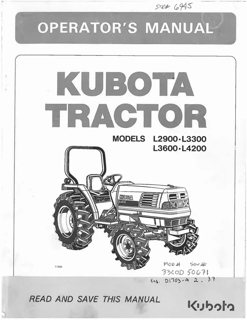 Kubota L2900 L3300 L3600 L4200 Tractor Operator's Manual preview page 1