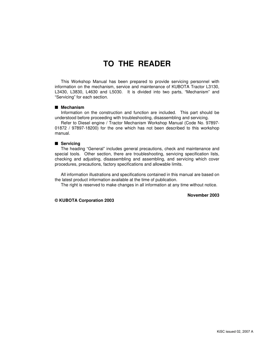 Kubota L3130 Tractor Service & Repair Manual preview page 2